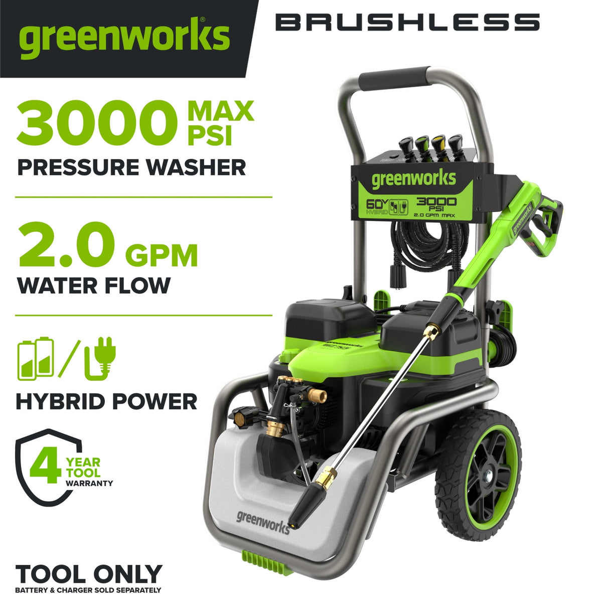 Greenworks Hybrid 60V 3000 PSI at 2.0 GPM Electric Pressure Washer 5128202T