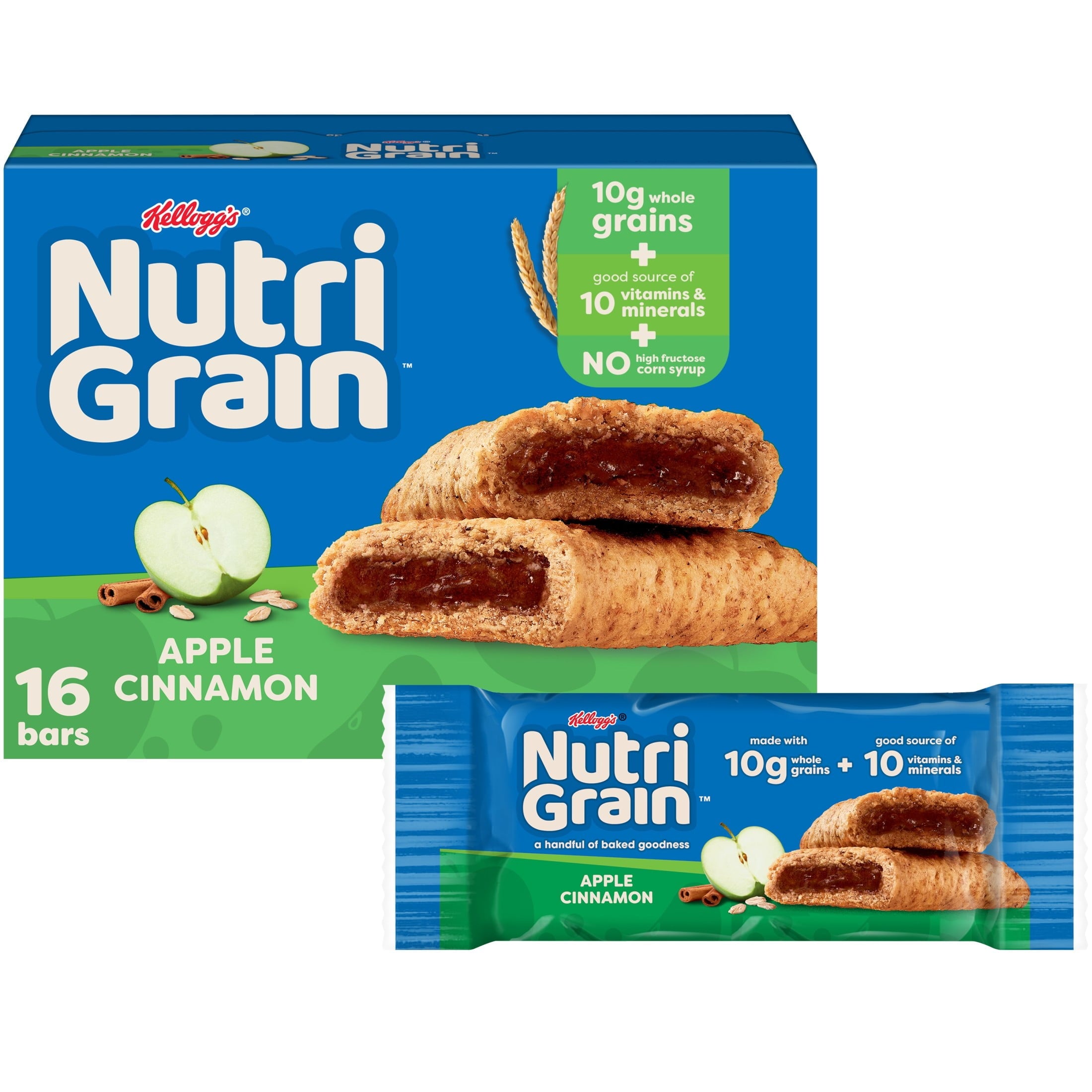 Kellogg's Nutri-Grain Apple Cinnamon Chewy Breakfast Bars, Made with 10g Whole Grains, 20.8 oz, 16 Count — grocery product