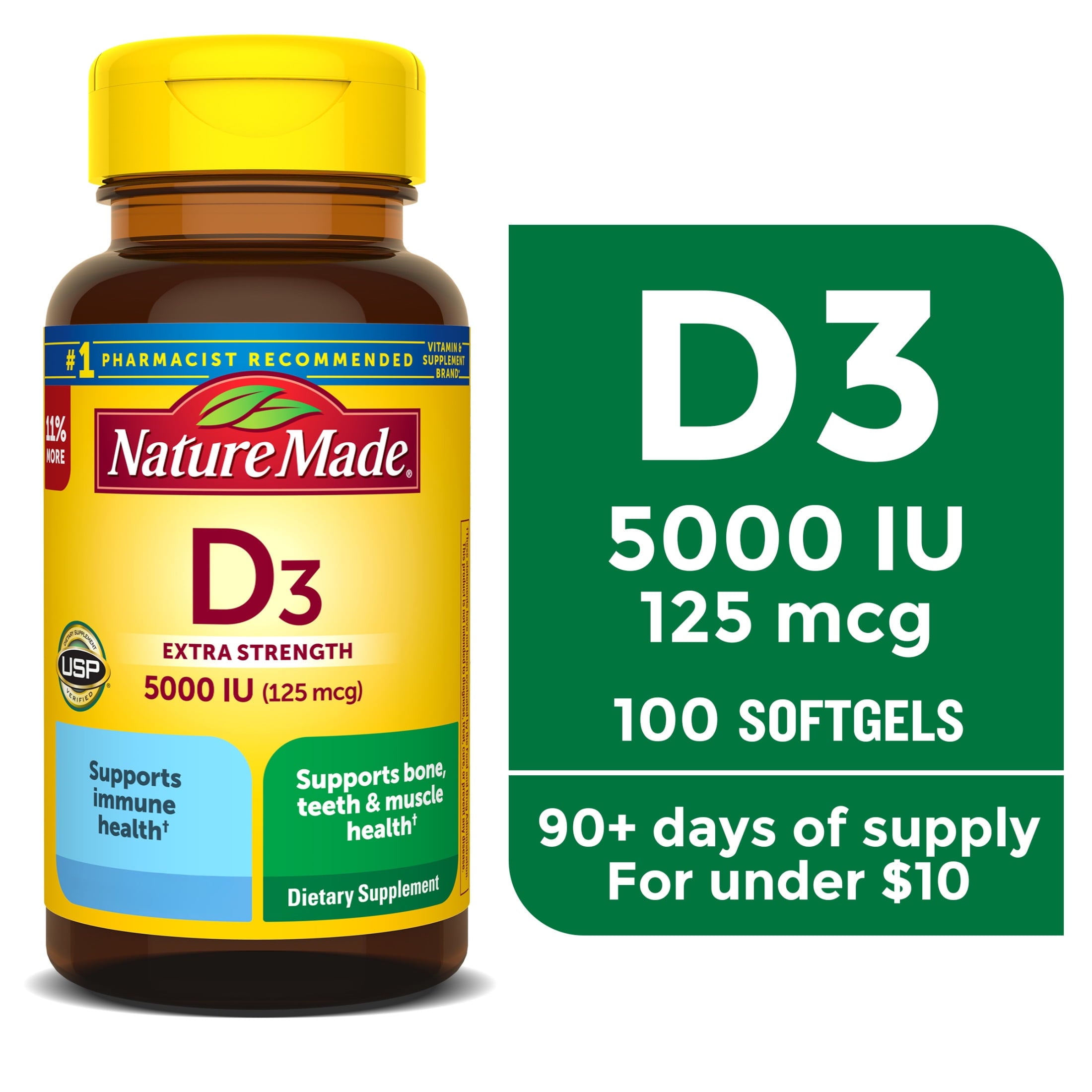 Nature Made Extra Strength Vitamin D3 5000 IU (125 mcg) Softgels — supplement pack