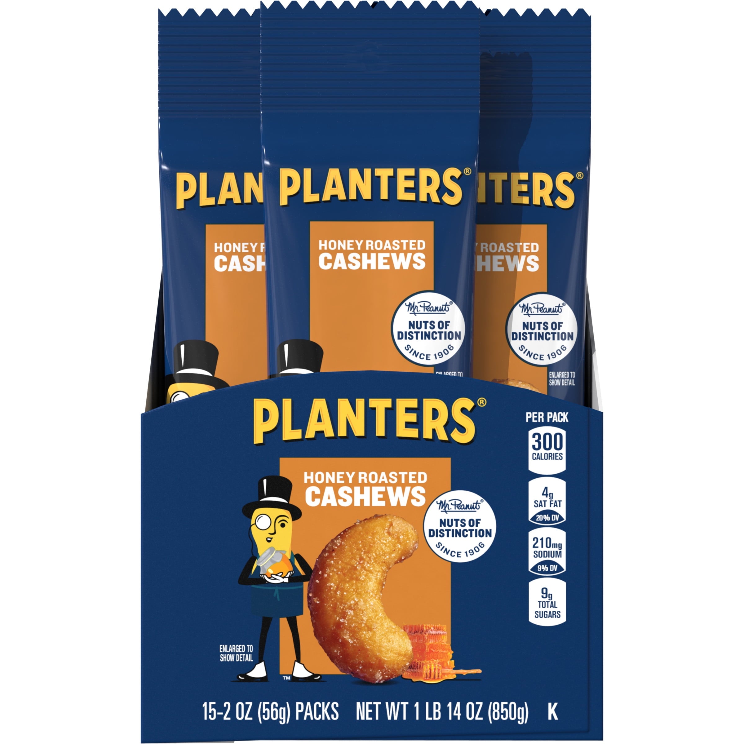 PLANTERS Deluxe Honey Roasted Whole Cashews, Plant Based Protein, 2 oz Bags (pack of 15) — grocery product