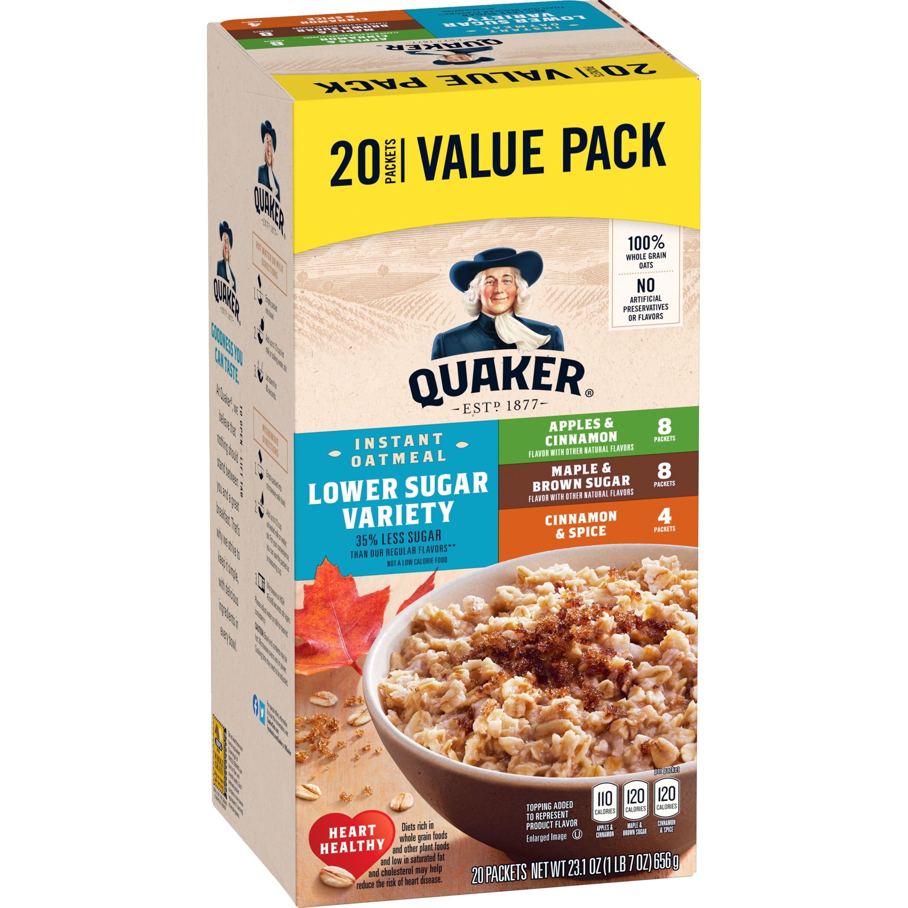 Quaker Instant Oatmeal, Lower Sugar Variety Pack, 1.16 oz, 20 Packets — grocery product