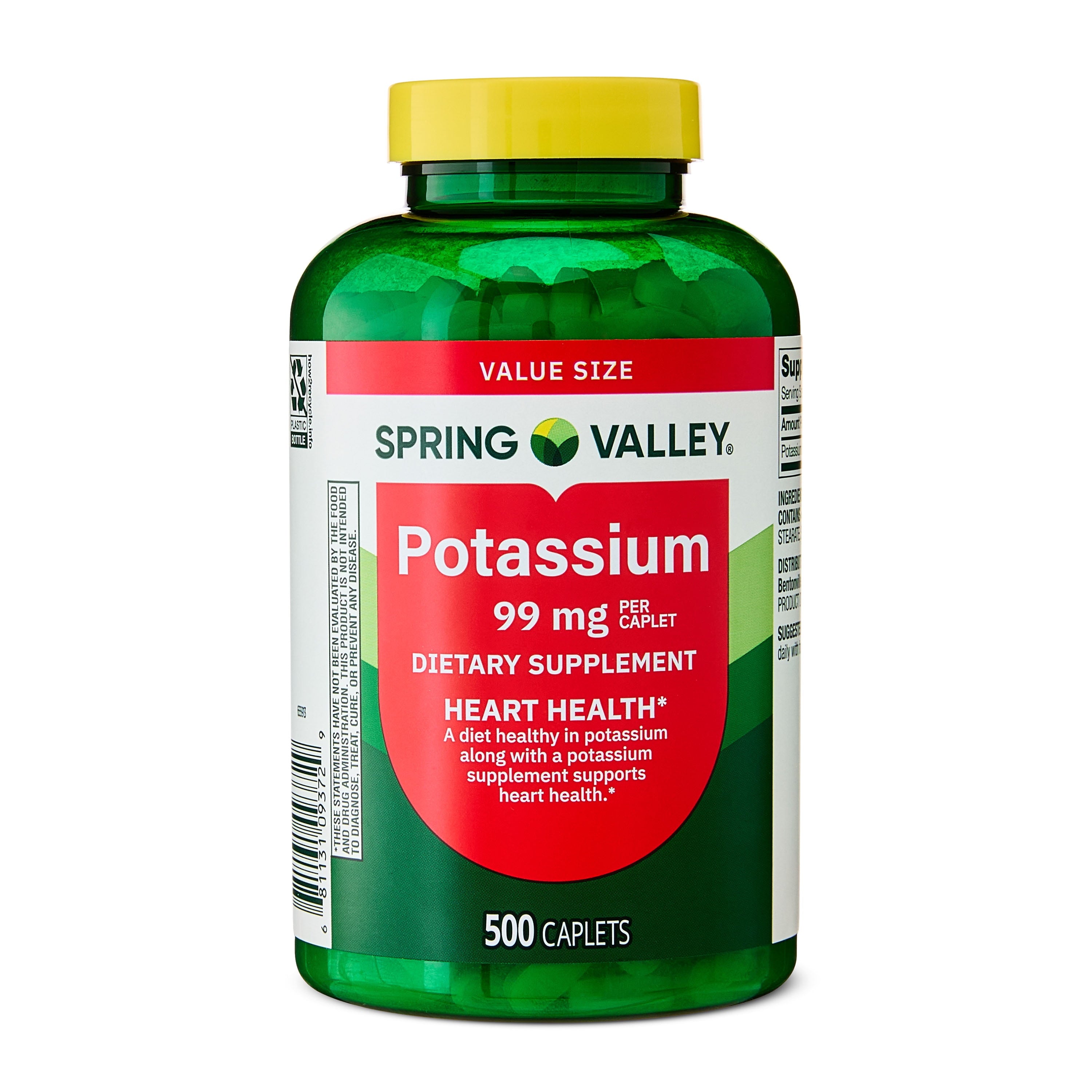 Spring Valley Potassium Dietary Supplement Caplets for Heart Health, 99 mg, 500 Count Value Size — supplement pack