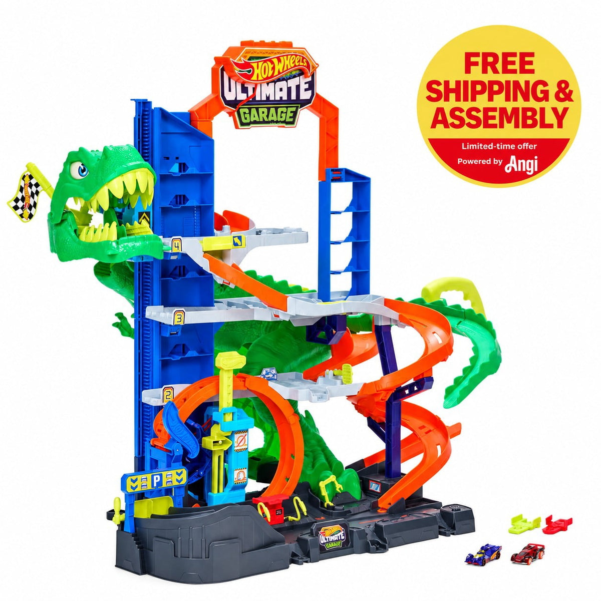Hot Wheels City Ultimate T-Rex Garage with 2 Toy Cars & Storage for 50+