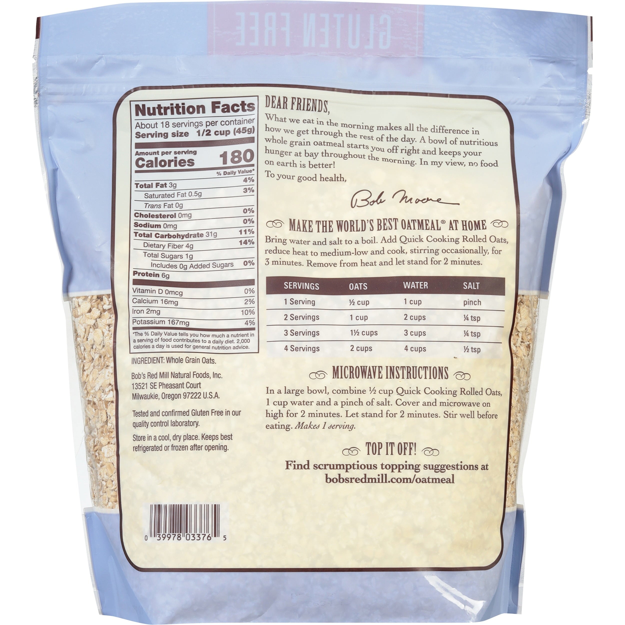 Bob's Red Mill Whole Grain Gluten Free Quick Cooking Rolled Oats - 28 oz Shelf-Stable Bag — grocery product, view 9