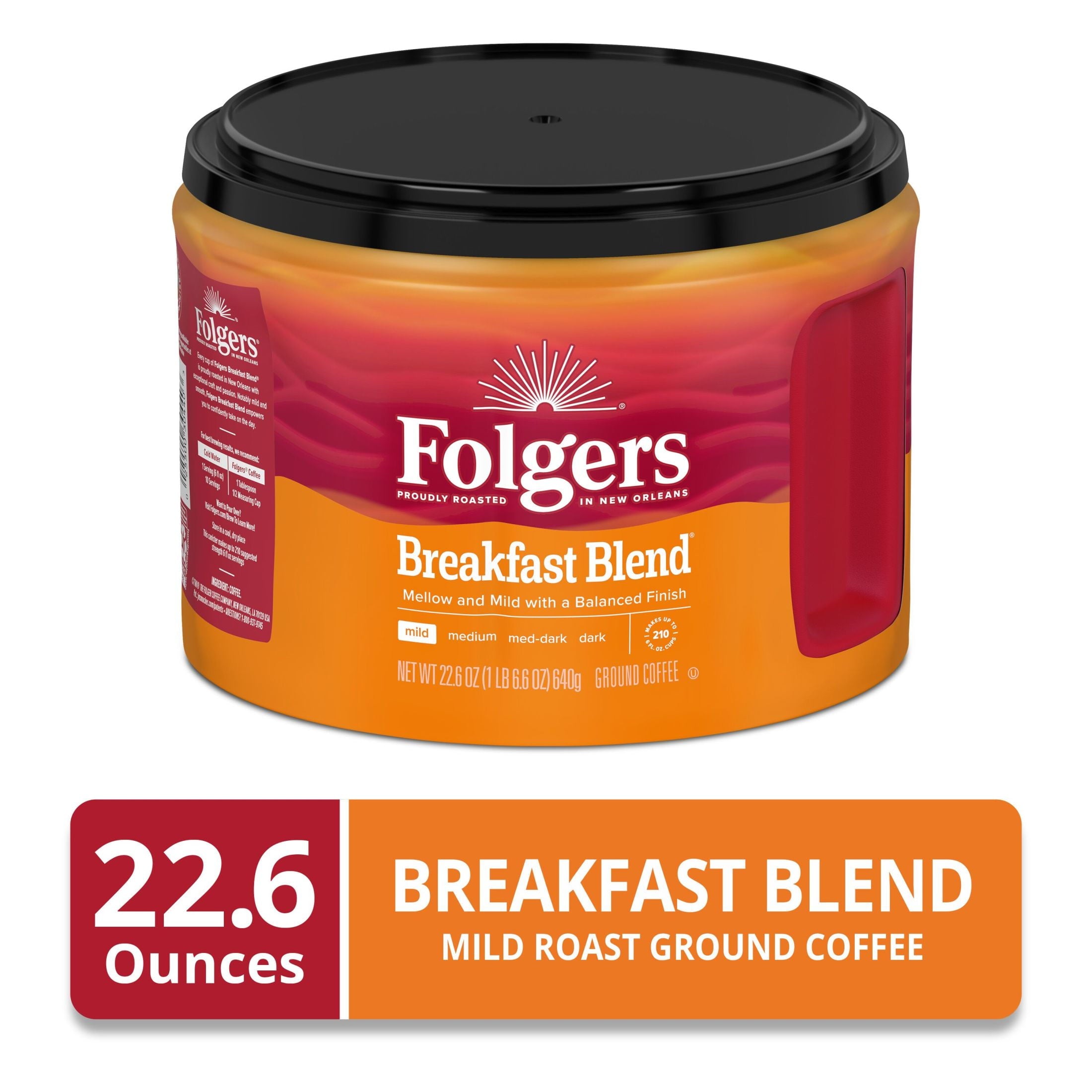 Folgers Breakfast Blend Ground Coffee, Mild Roast, 22.6 oz Canister — coffee and drinks product, view 2
