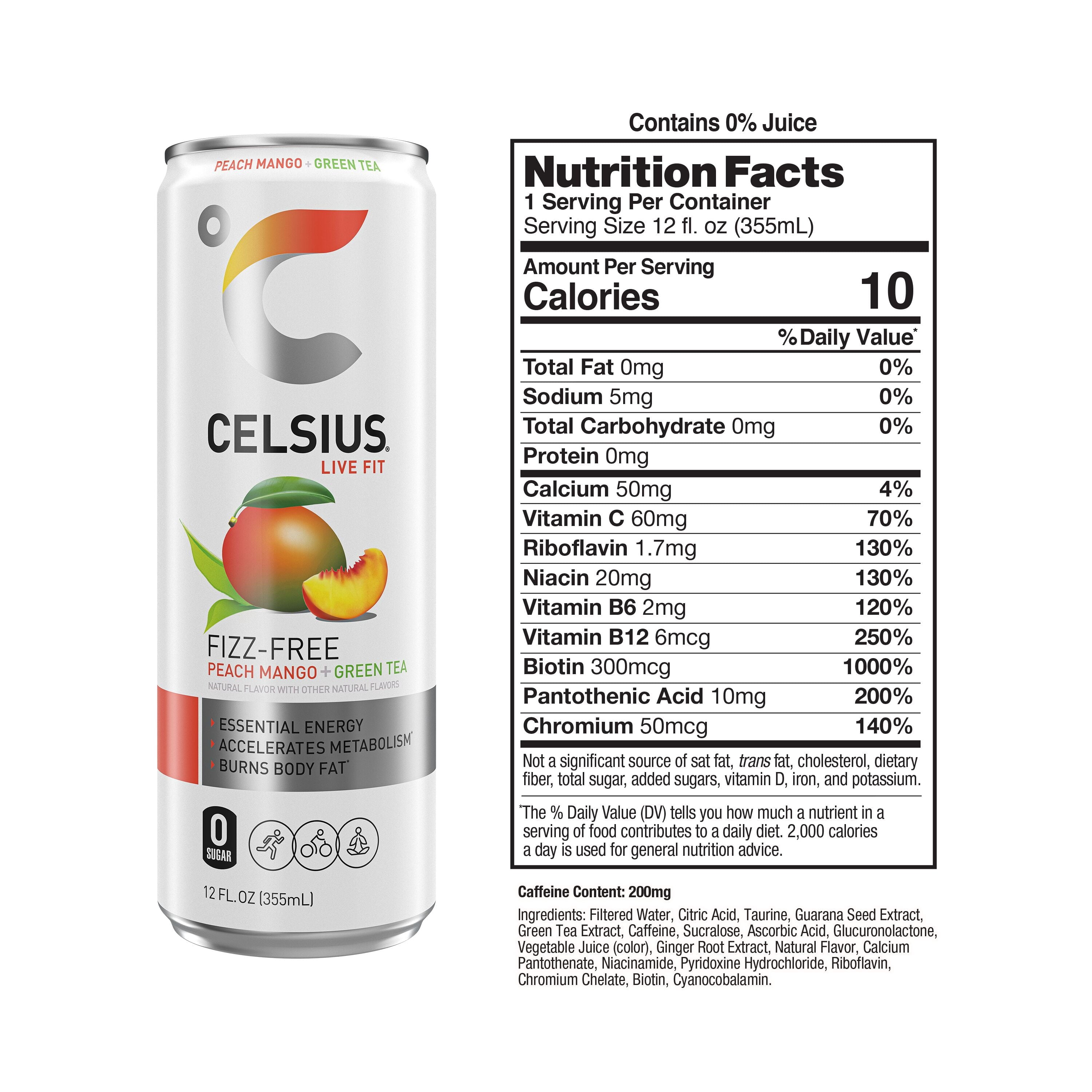 CELSIUS Fizz Free Peach Mango Green Tea, Functional Energy Drink 12 fl oz (Pack of 12) — coffee and drinks product, view 2