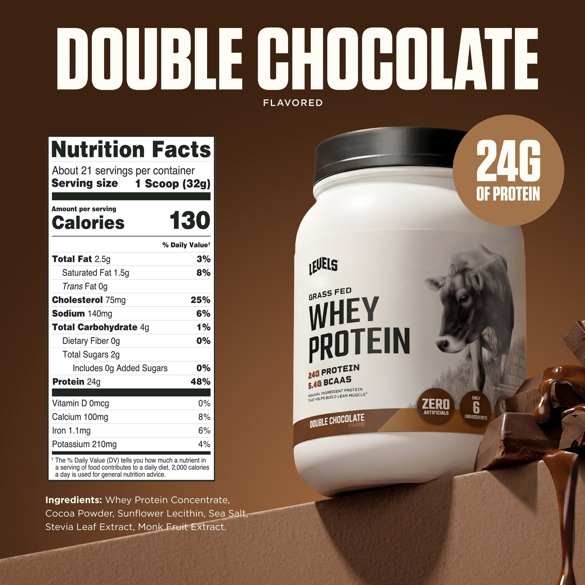 Levels Grass Fed Whey Protein Powder, No Artificials, 24G of Protein, Double Chocolate — sports nutrition product, view 3