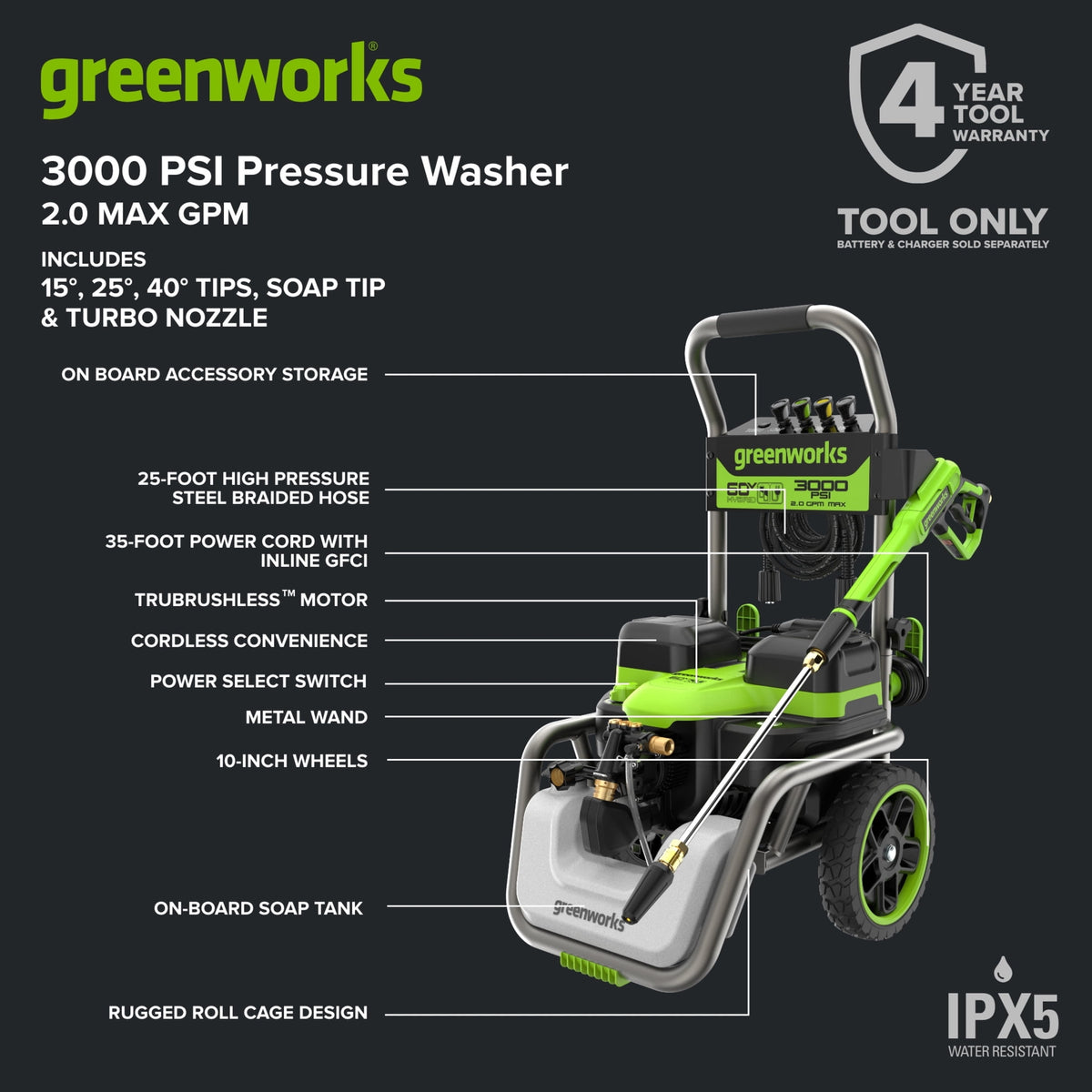 Greenworks Hybrid 60V 3000 PSI at 2.0 GPM Electric Pressure Washer 5128202T - image 3 of 6