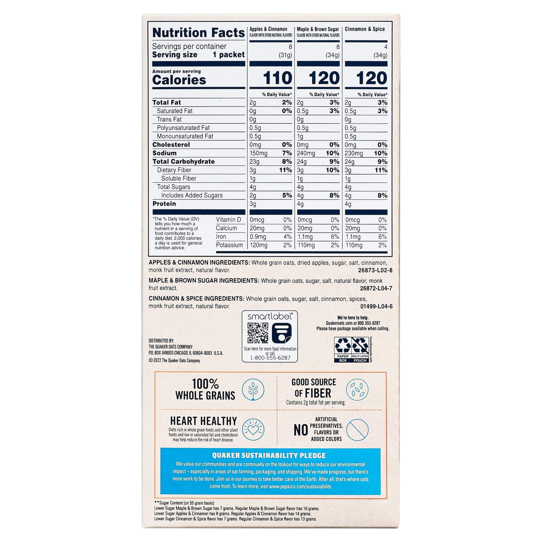 Quaker Instant Oatmeal, Lower Sugar Variety Pack, 1.16 oz, 20 Packets — grocery product, view 8