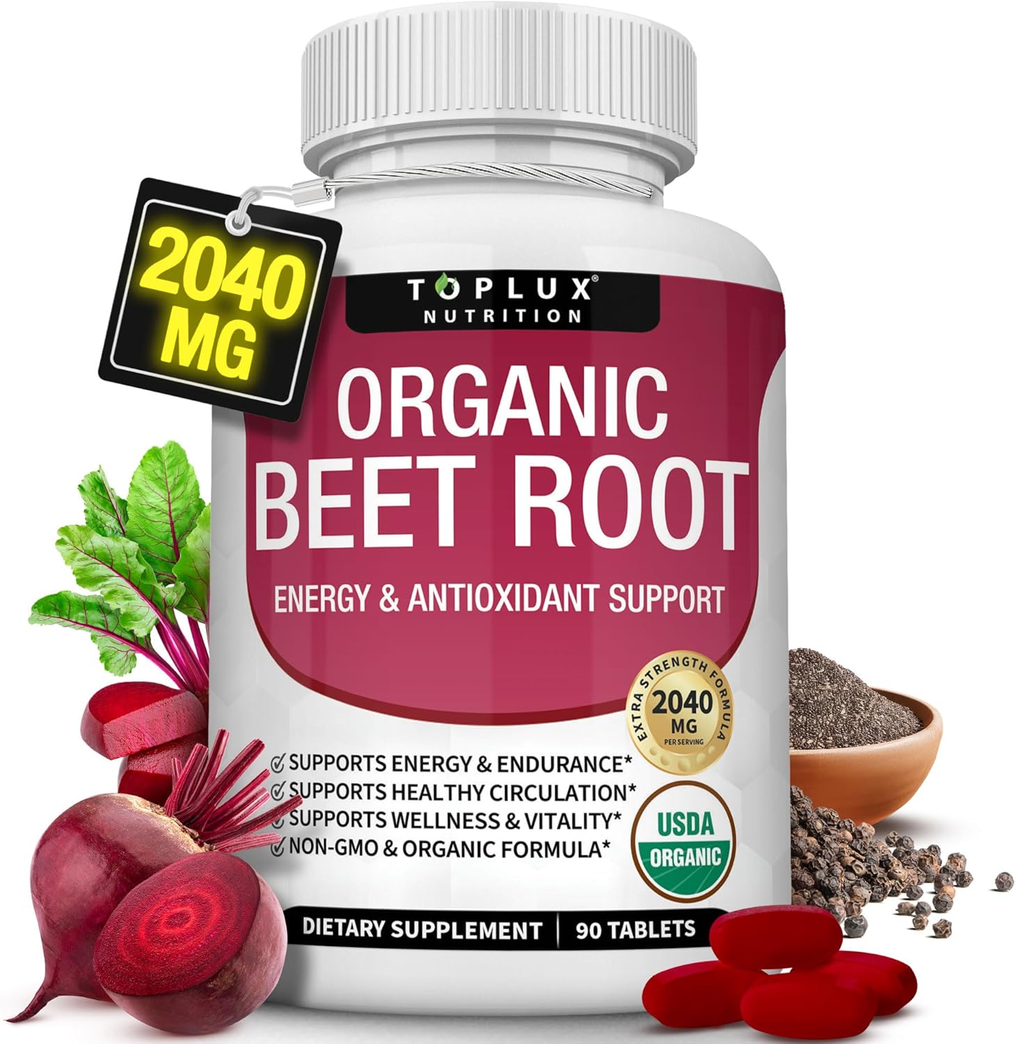 Toplux Organic Beet Root Powder Tablets - 2040mg 90 CAP (for man & women) — supplement pack