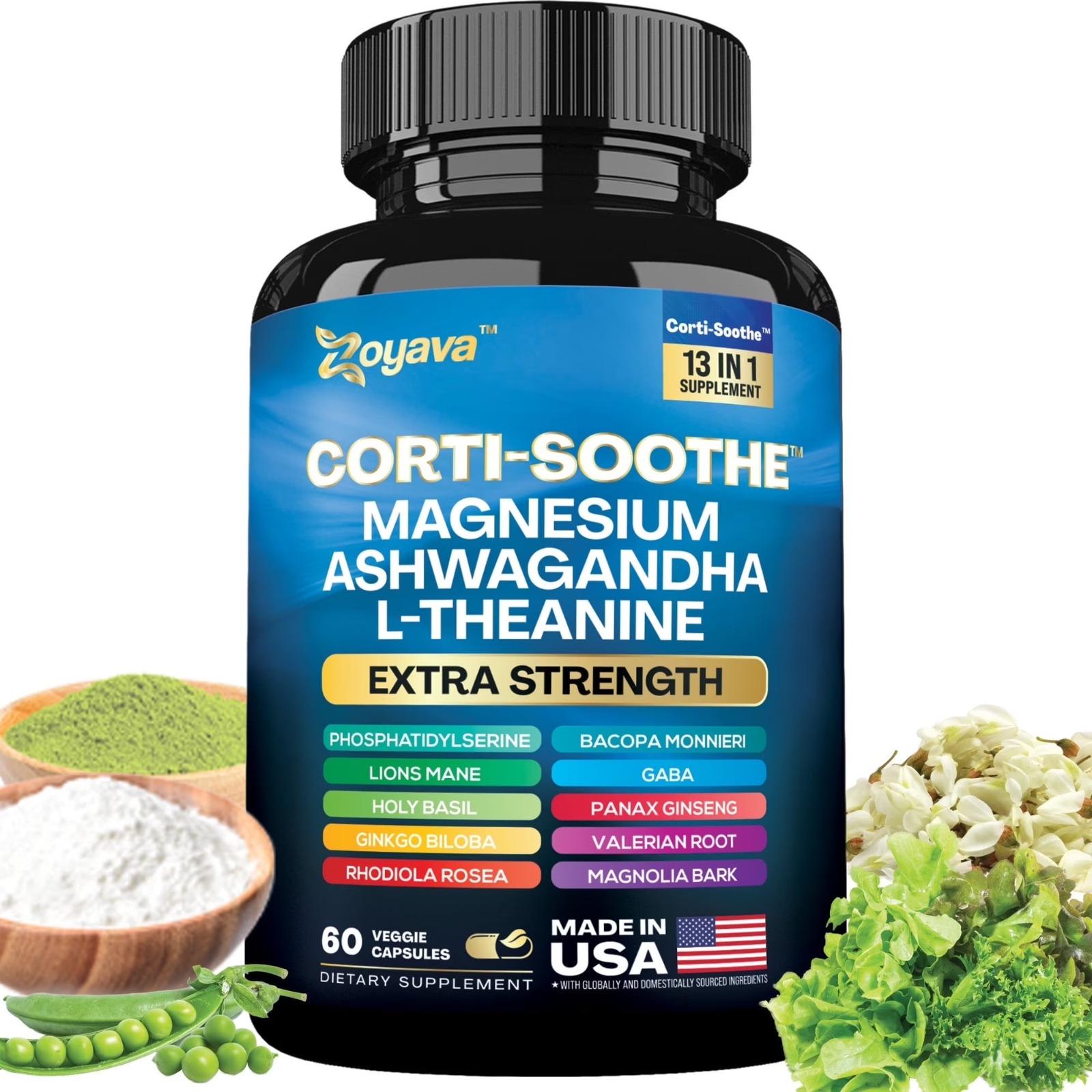 Cortisol Supplement Magnesium Glycinate 200mg L-Theanine 150mg Ashwagandha (60 cap) — supplement pack
