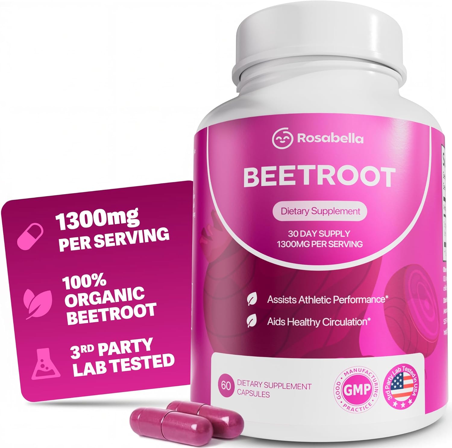 Rosabella Organic Beet Root Capsules - 1300mg Beet Root Powder 60 cap — supplement pack