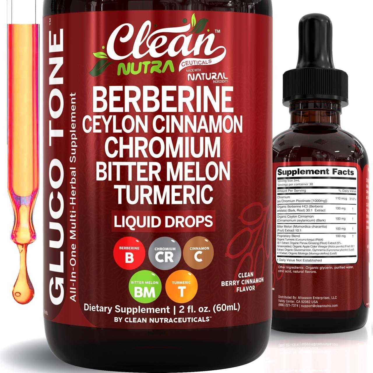 Clean Nutra Berberine with Ceylon Cinnamon Supplement Liquid Drops 60ml — supplement pack
