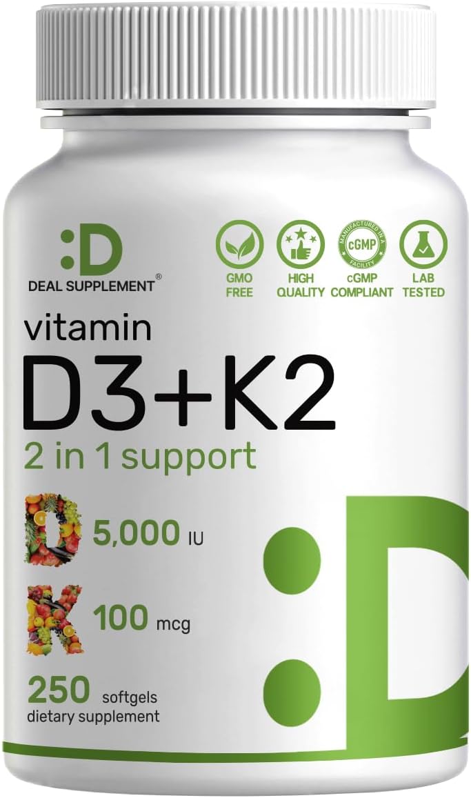 DEAL SUPPLEMENT Vitamin D3 5,000 IU + K2 MK7 Softgels, 250 Count | 2-in-1 Complex — supplement pack