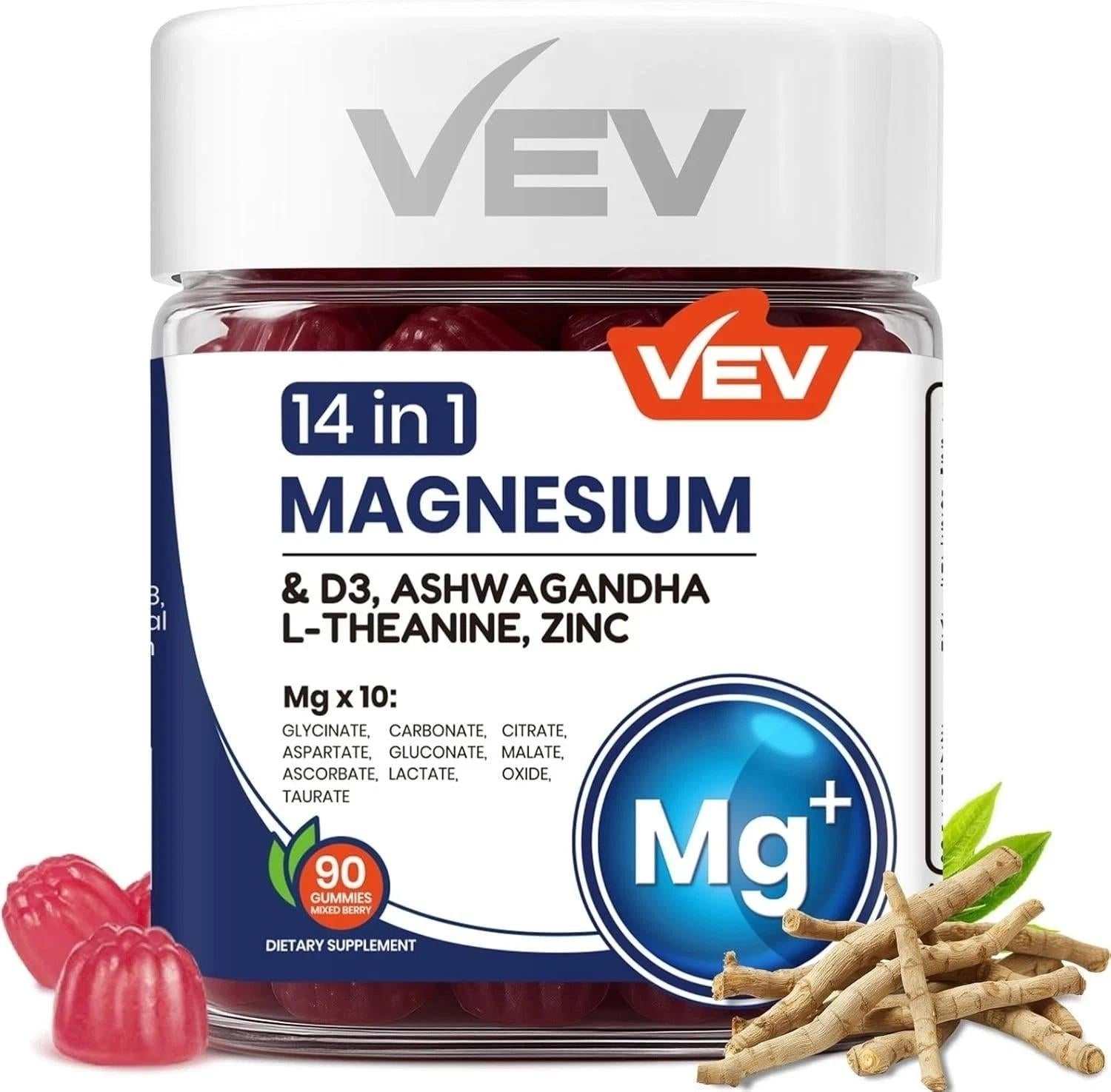 VEV Magnesium Citrate and Glycinate Gummies for Adults 14 in 1 Magnesium and d3 90 gummies — supplement pack