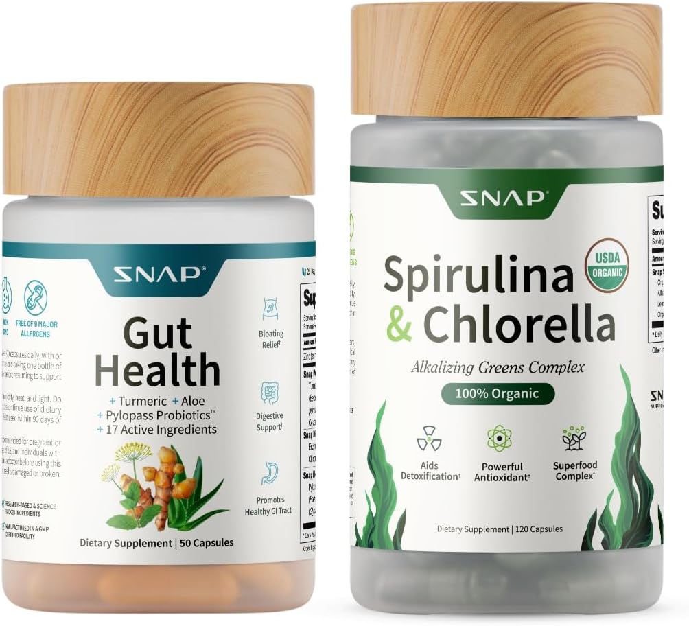 Snap Supplements Gut Health Supplement & Organic Spirulina Chlorella Bundle 50 + 120 Vegan Capsules — supplement pack