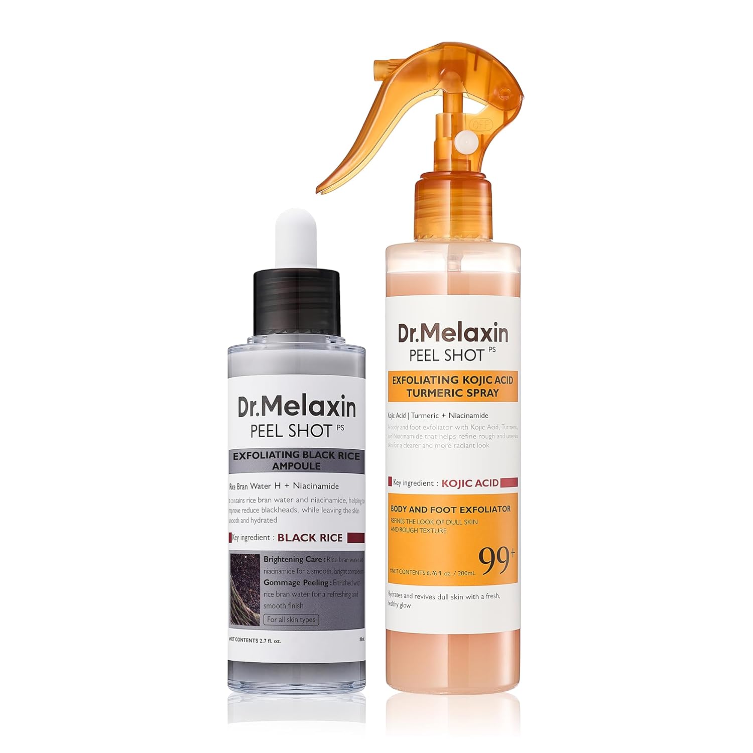 Dr.Melaxin body & face peel shot duo glow black rice peeling ampoule kojic acid & turmeric spray — skincare product