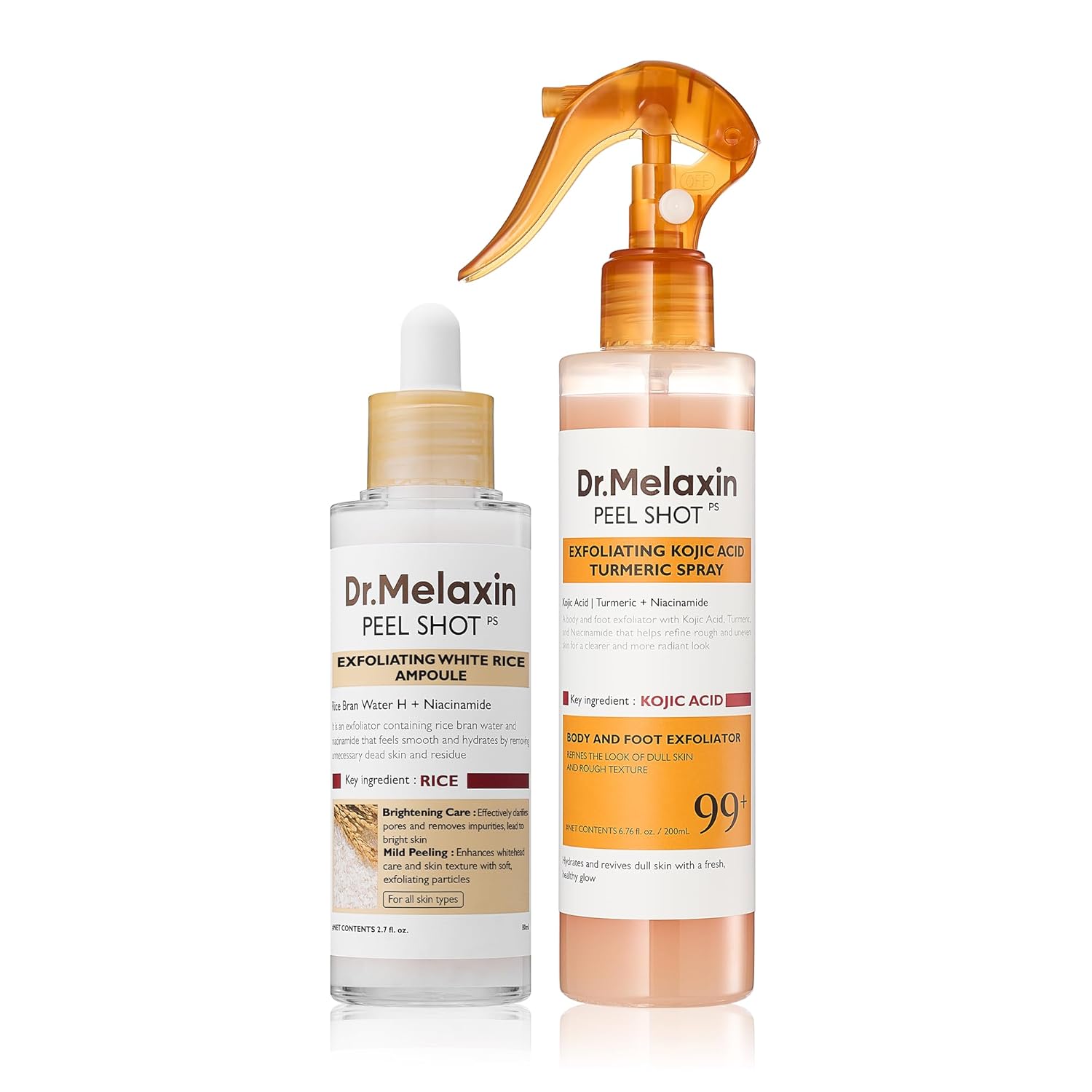 Dr.Melaxin Body & Face Peel Shot Duo Glow Rice Peeling Ampoule Kojic Acid & Turmeric spray — skincare product