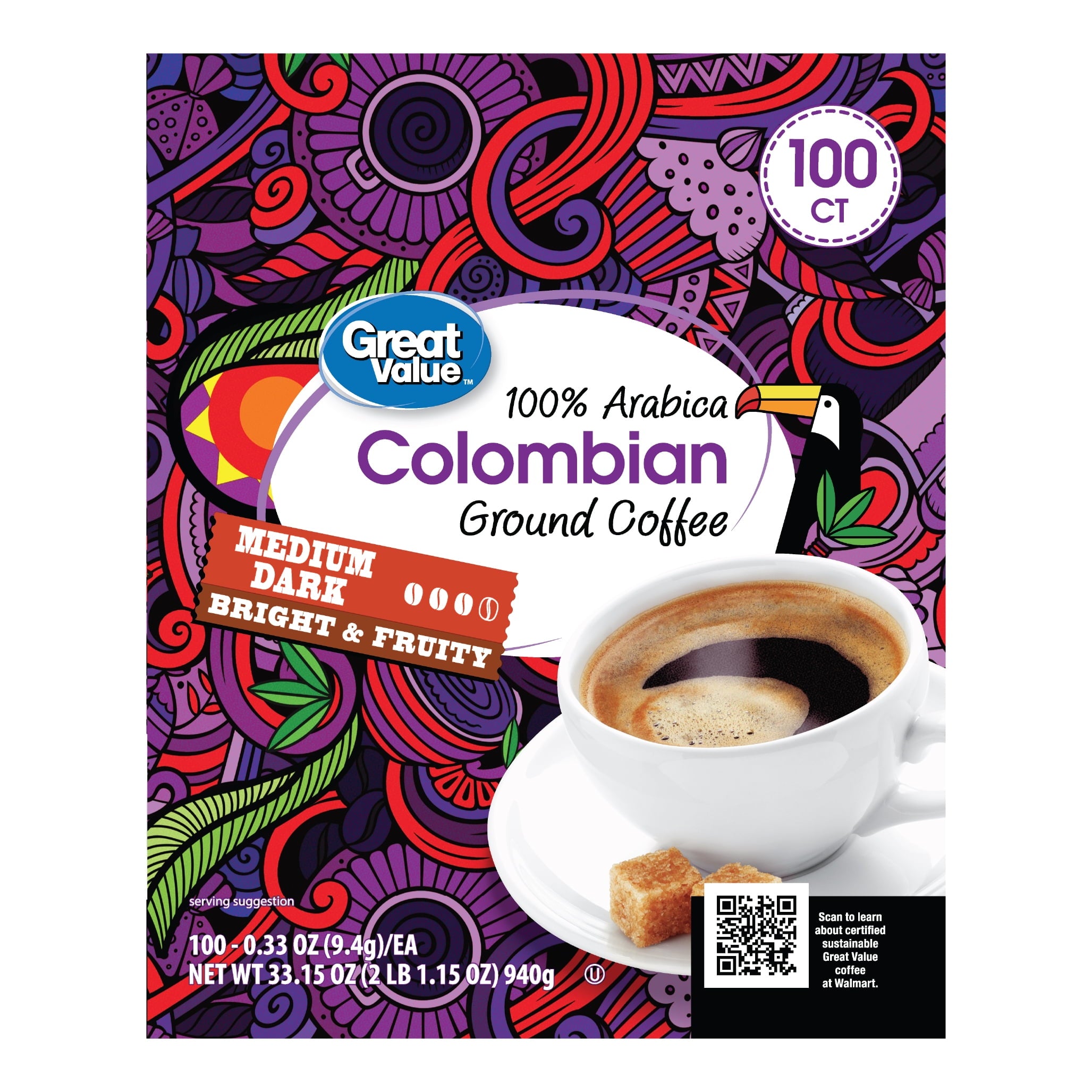 Great Value 100% Arabica Colombian Medium Dark Roast Ground Coffee Pods, 33.1 oz — coffee and drinks product, view 7