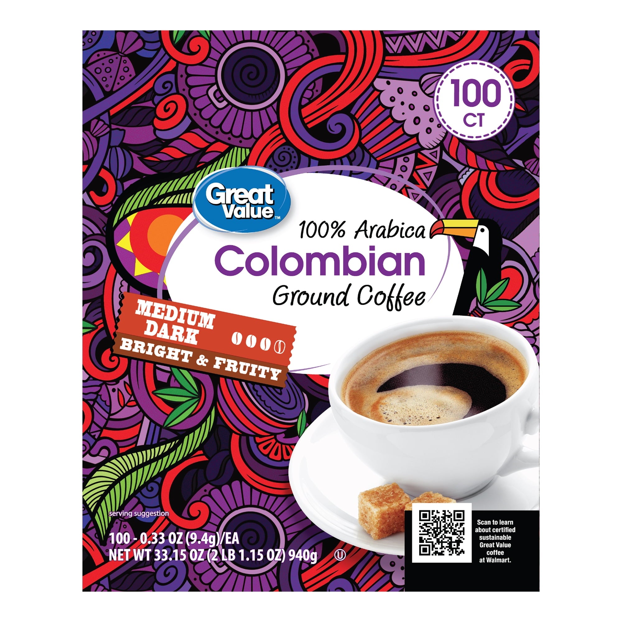 Great Value 100% Arabica Colombian Medium Dark Roast Ground Coffee Pods, 33.1 oz — coffee and drinks product, view 6