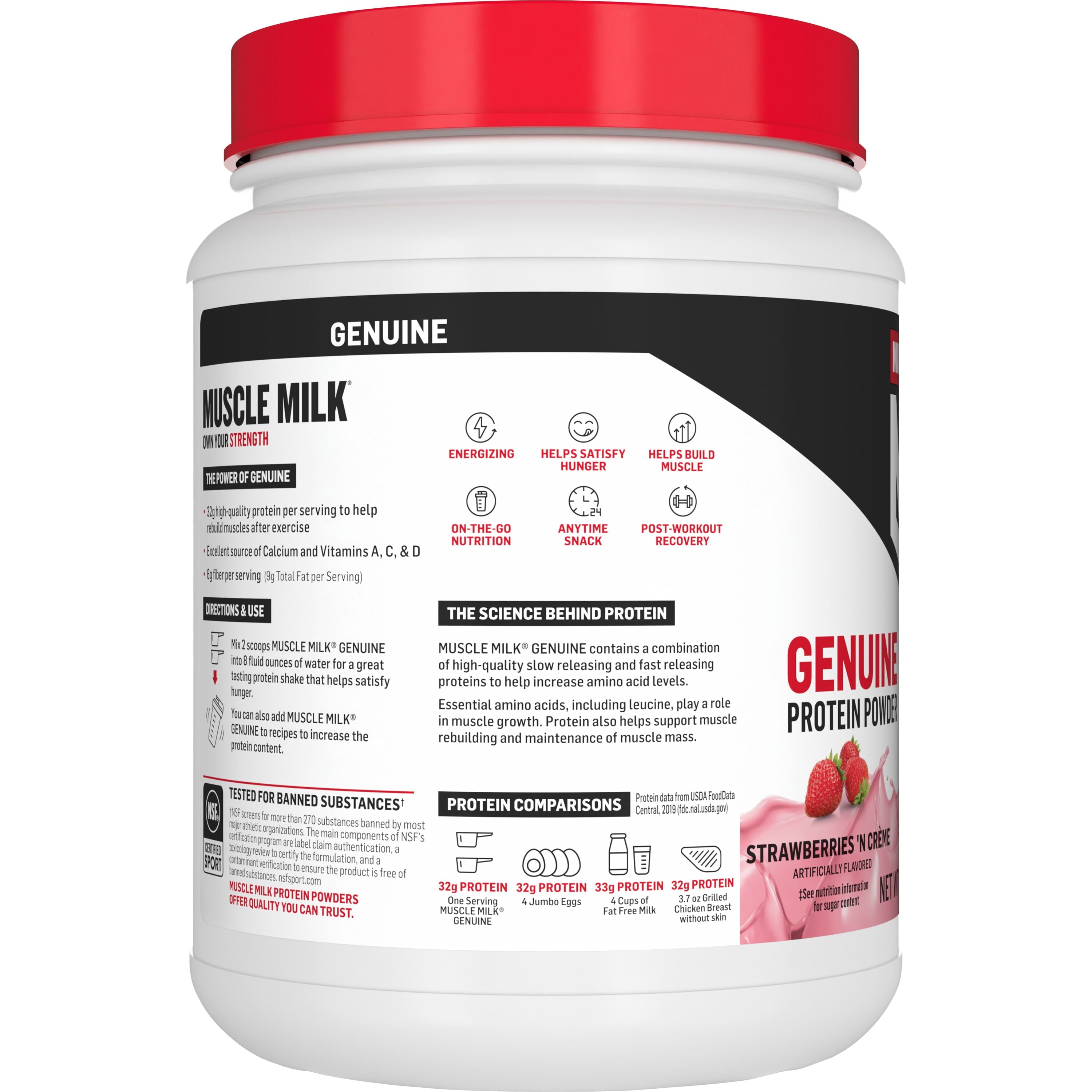 Muscle Milk Genuine Protein Powder, Strawberries 'N Crème, 32g Protein, 1.93lb, 30.9oz — sports nutrition product, view 2