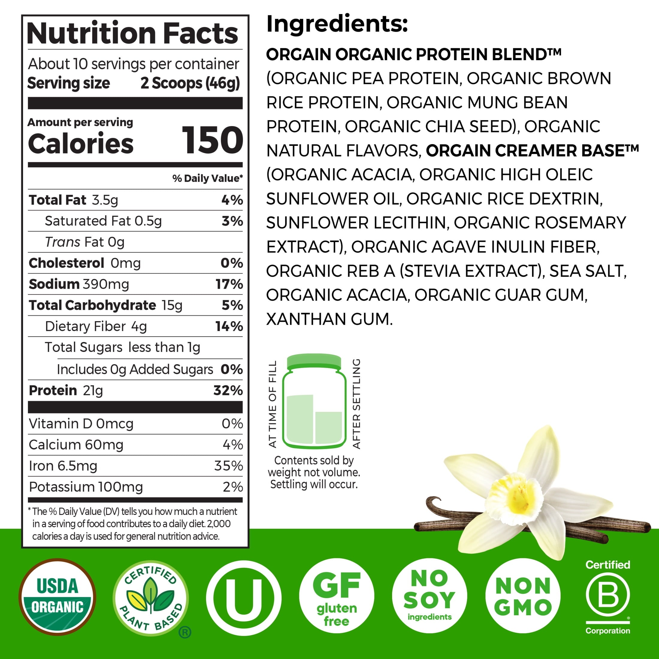 Orgain Organic Vegan 21g Protein Powder, Plant Based Shake Drink, Vanilla Bean 1.02lb — sports nutrition product, view 8