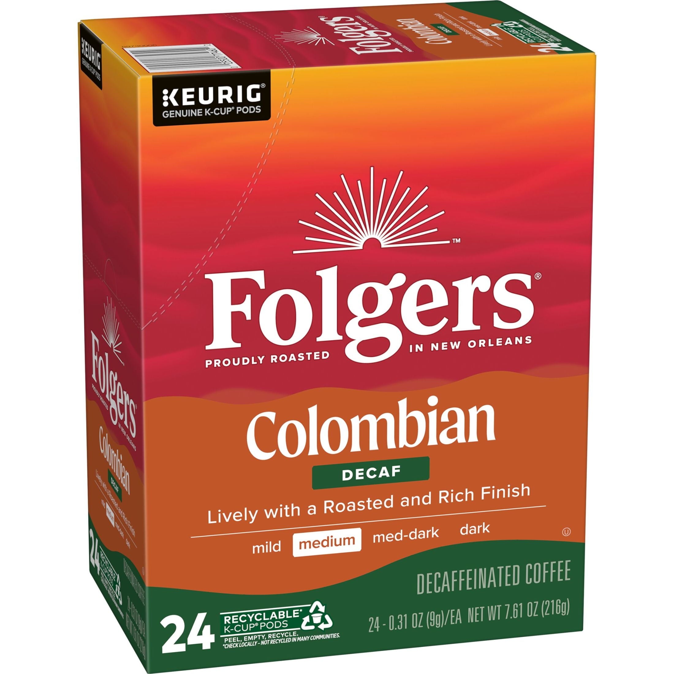 Folgers Colombian Decaffeinated Coffee, Medium Roast, Keurig K Cup Brewers, 24 Count Box — coffee and drinks product, view 7