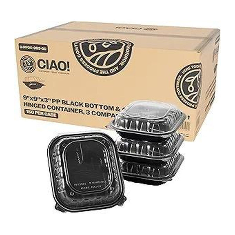 Black Hinged Container with Clear Lid 9x9 (150/case) — food service cups and containers