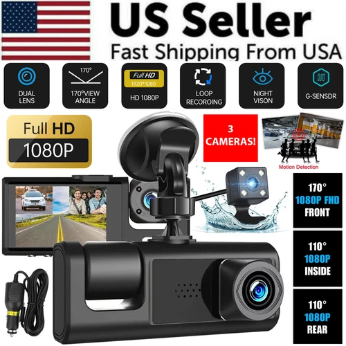 Car Dual Lens Dash Cam HD 1080P Front/Rear/Inside Video Recorder Camera G-Sensor — retail product