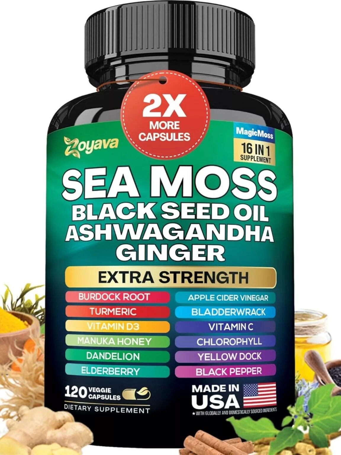120 capSea Moss 7000Mg Black Seed Oil 4000Mg Ashwagandha 2000Mg Turmeric 2000Mg 120 Cap — supplement pack