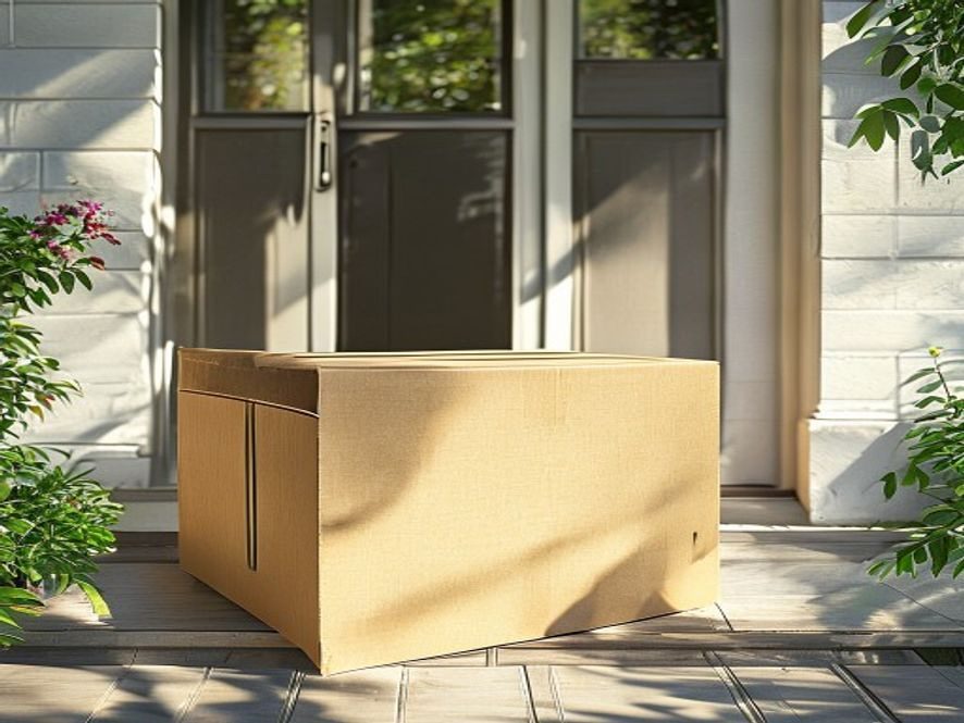 Large cardboard delivery box on a sunlit front porch — free US shipping on every order