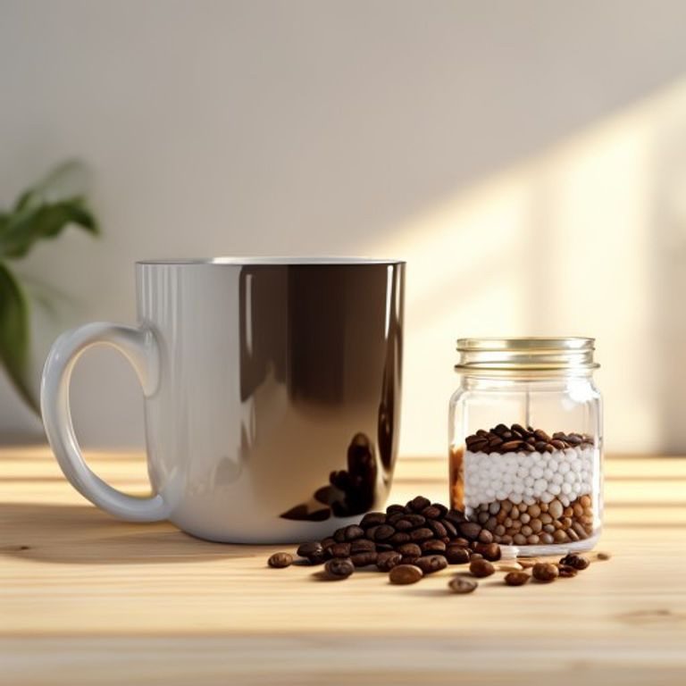 Coffee mug beside a glass jar of coffee beans on a wooden table — grocery and pantry category