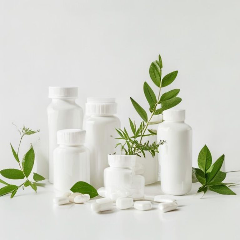 White supplement bottles with loose capsules and green leaves — health and household category