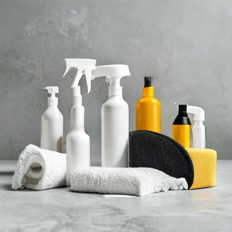 Spray bottles, sponges and microfiber cloths on a grey surface — home and auto care category