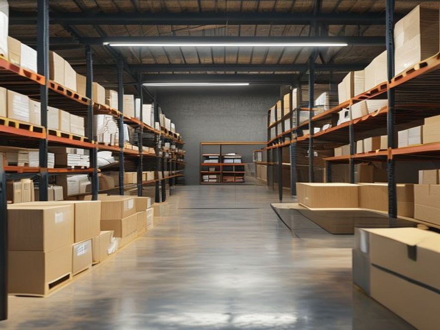 Warehouse aisle lined with pallet racking and stacked cartons at our Colorado fulfillment center