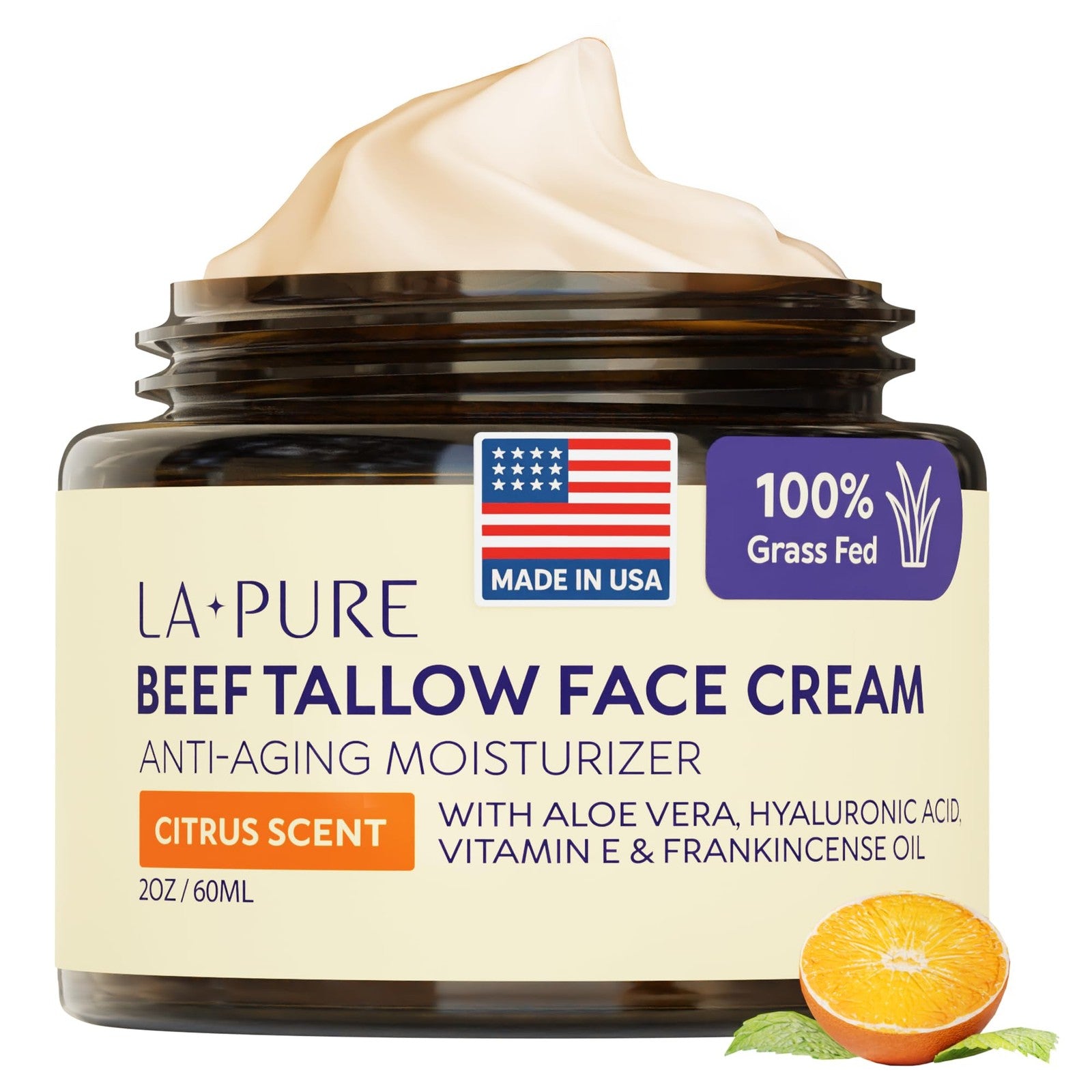 LA Pure Beef Tallow Face Cream 4oz, Grass-Fed with Aloe Vera & Hyaluronic Acid 2oz 60ml — skincare product