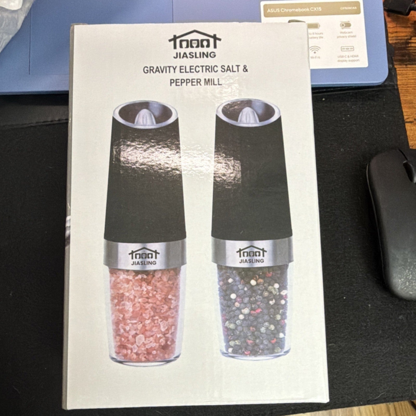 JIASLING Gravity Electric Salt & Pepper Mill Set, Metal Acrylic, Black/Clear — retail product