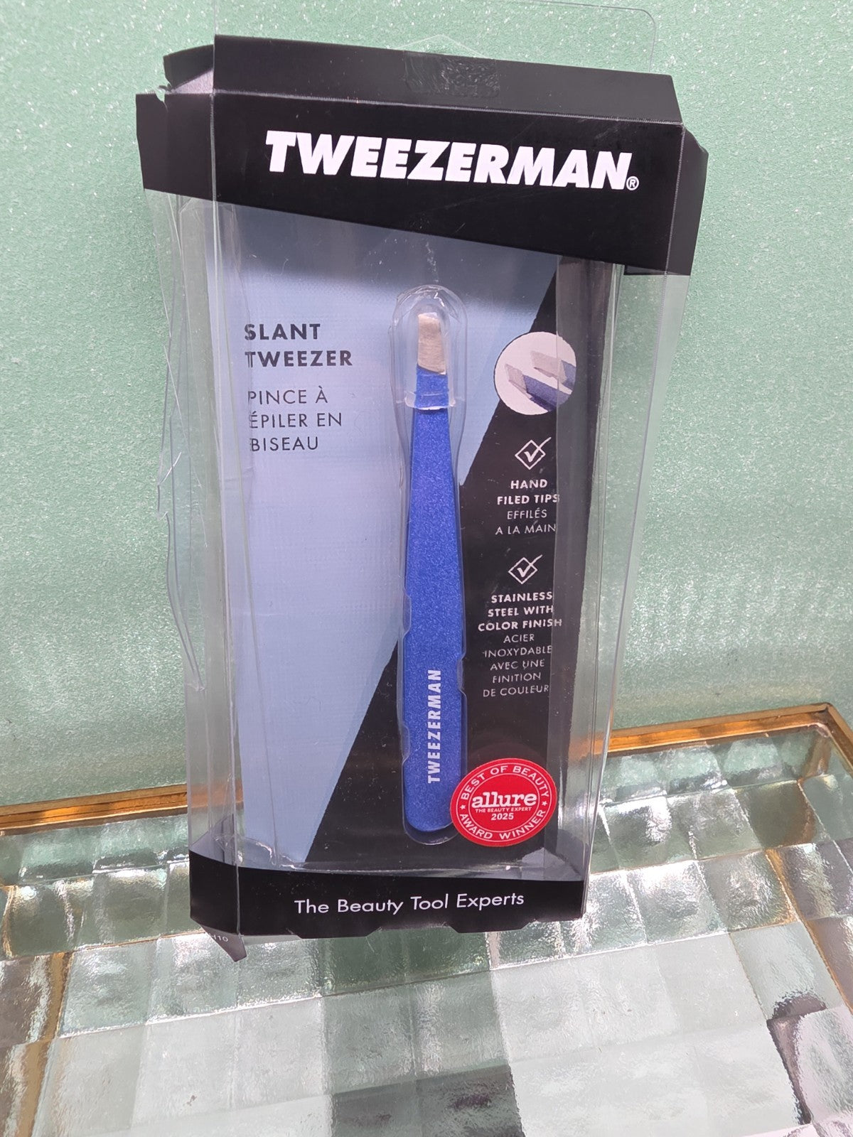 Tweezerman Slant Tweezer 1230-GSR Blue Granite Sky Stainless Steel Imperfect Pk — retail product