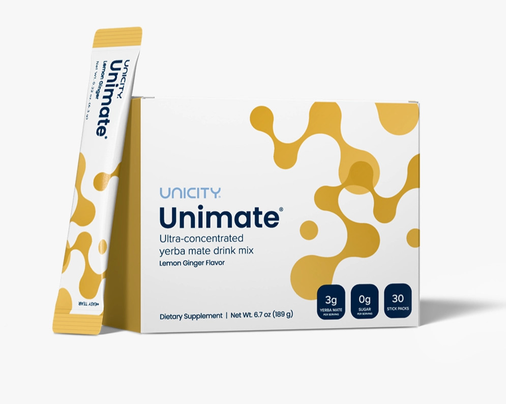 Unicity Unimate Lemon Ginger flavor 30 Stick Packs — supplement pack