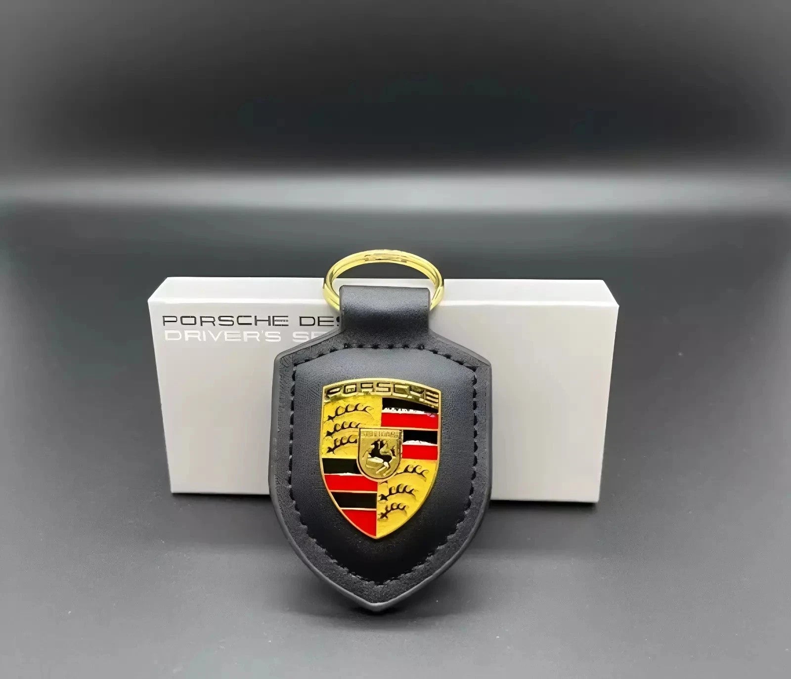 PORSCHE LEATHER CREST KEY RING FOB CHAIN BLACK — retail product